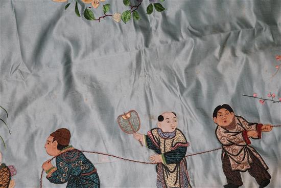 A Chinese silk panel, a Chinese table cloth and a silk panel